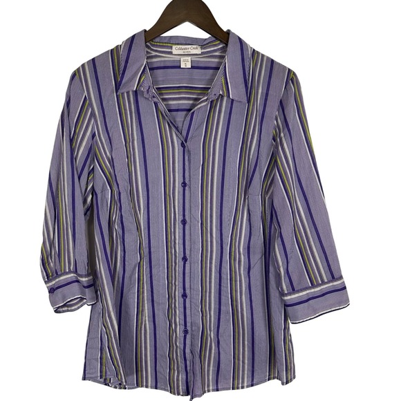 Coldwater Creek 3/4 Sleeve No Iron Button Up Shirt Purple Stripe XL Lightweight - Picture 1 of 10